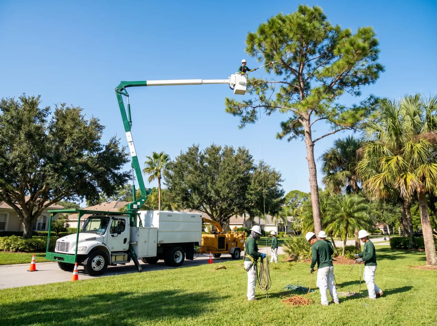 Bucket truck crew trimming a tall pine