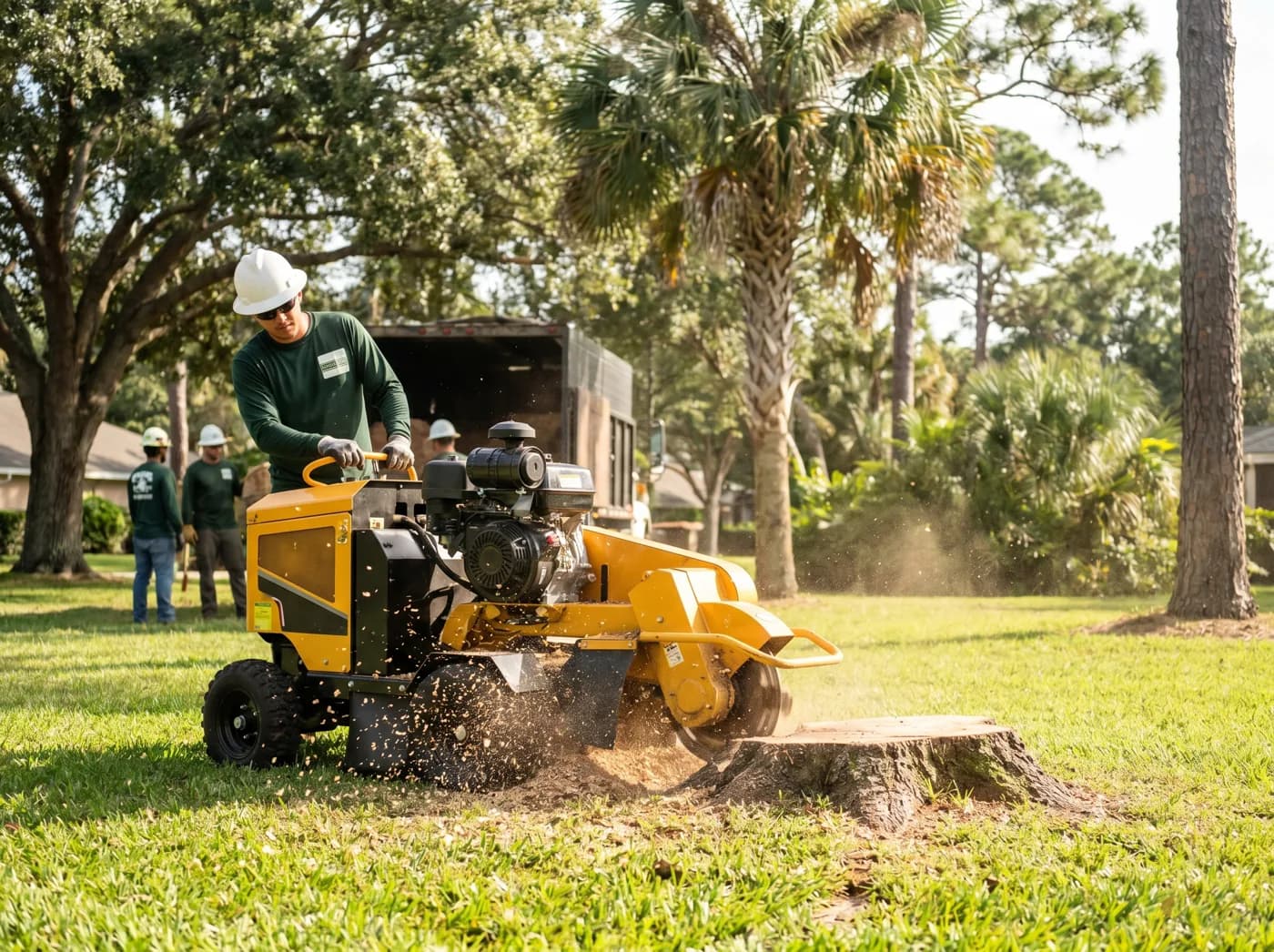 Stump grinder reducing a tree stump to chips