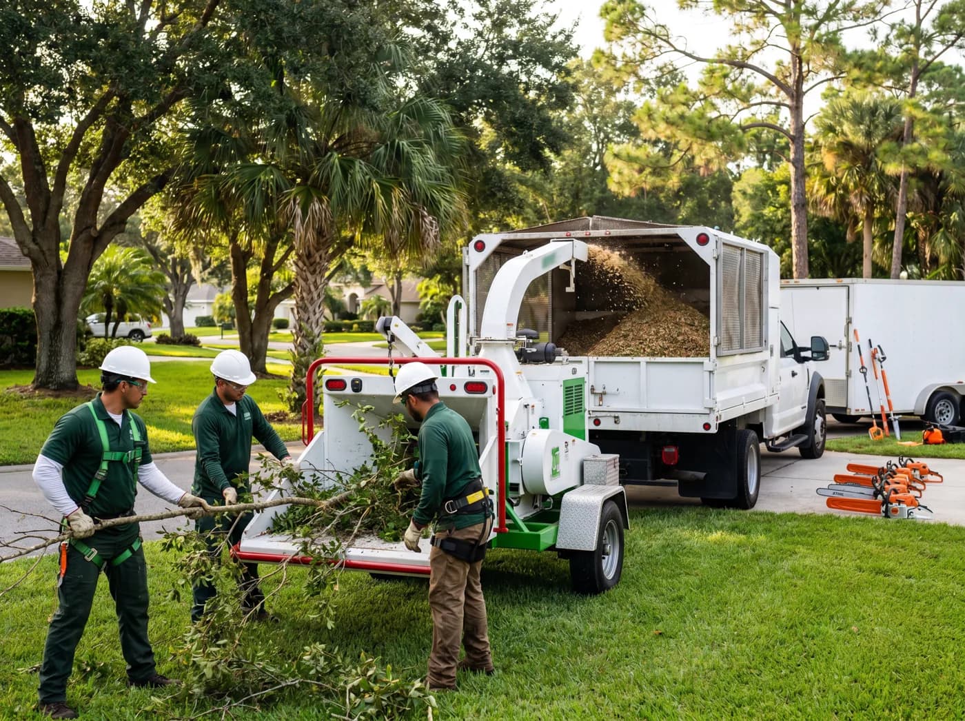 Crew feeding brush and branches into a wood chipper