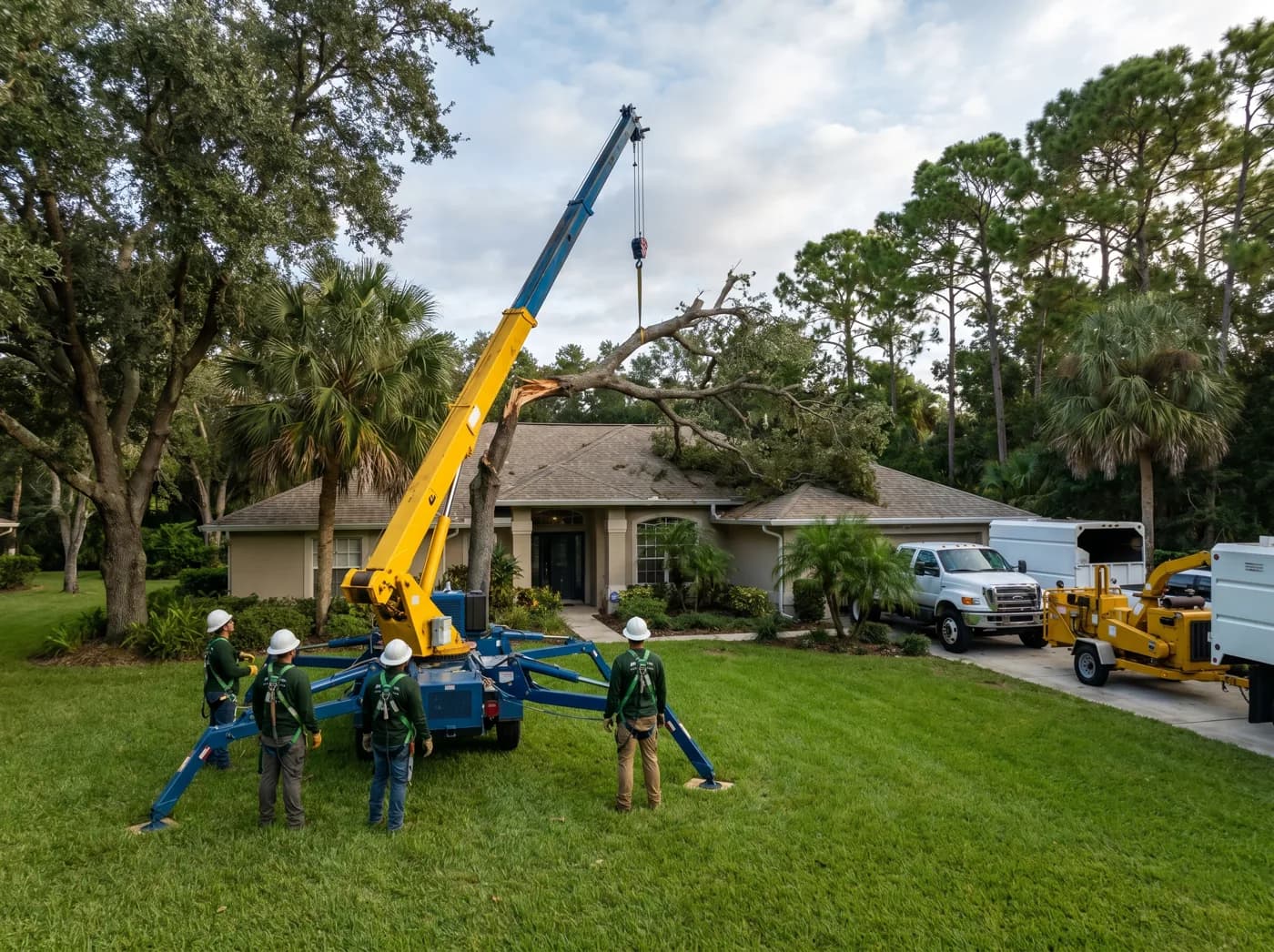 Crew clearing a storm-fallen tree off a home's roof