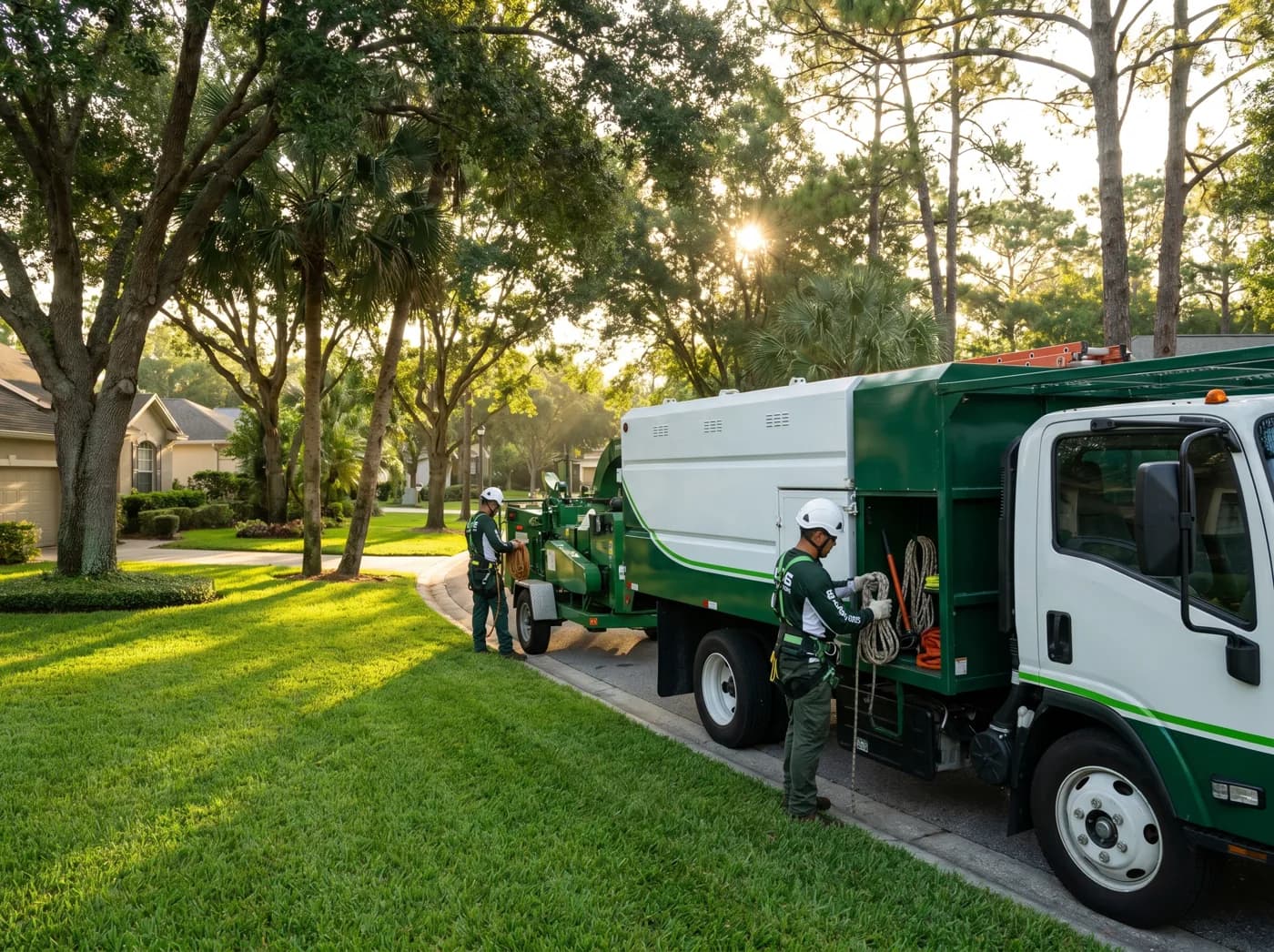 Eco Green truck and wood chipper parked at a clean, finished job site